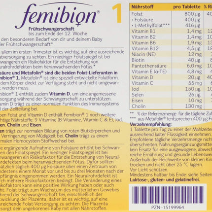 Femibion ​​1 Early Pregnancy, Daily Food Supplement for Weeks 1-12, with Choline, Folic Acid, Metafolin, 4-Week Pack, 28 Tablets