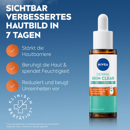 NIVEA Derma Skin Clear Rebalance &amp; Clear Serum, facial care for a visibly improved complexion, moisturizing hyaluronic serum with niacinamide (30 ml)
