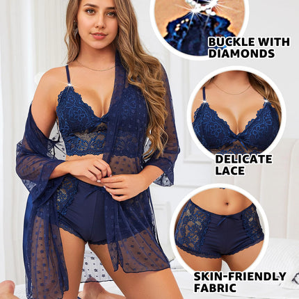 RSLOVE Sexy Lingerie Set for Women - Lace Underwear Dressing Gown with Bra and Panties Navy Blue L