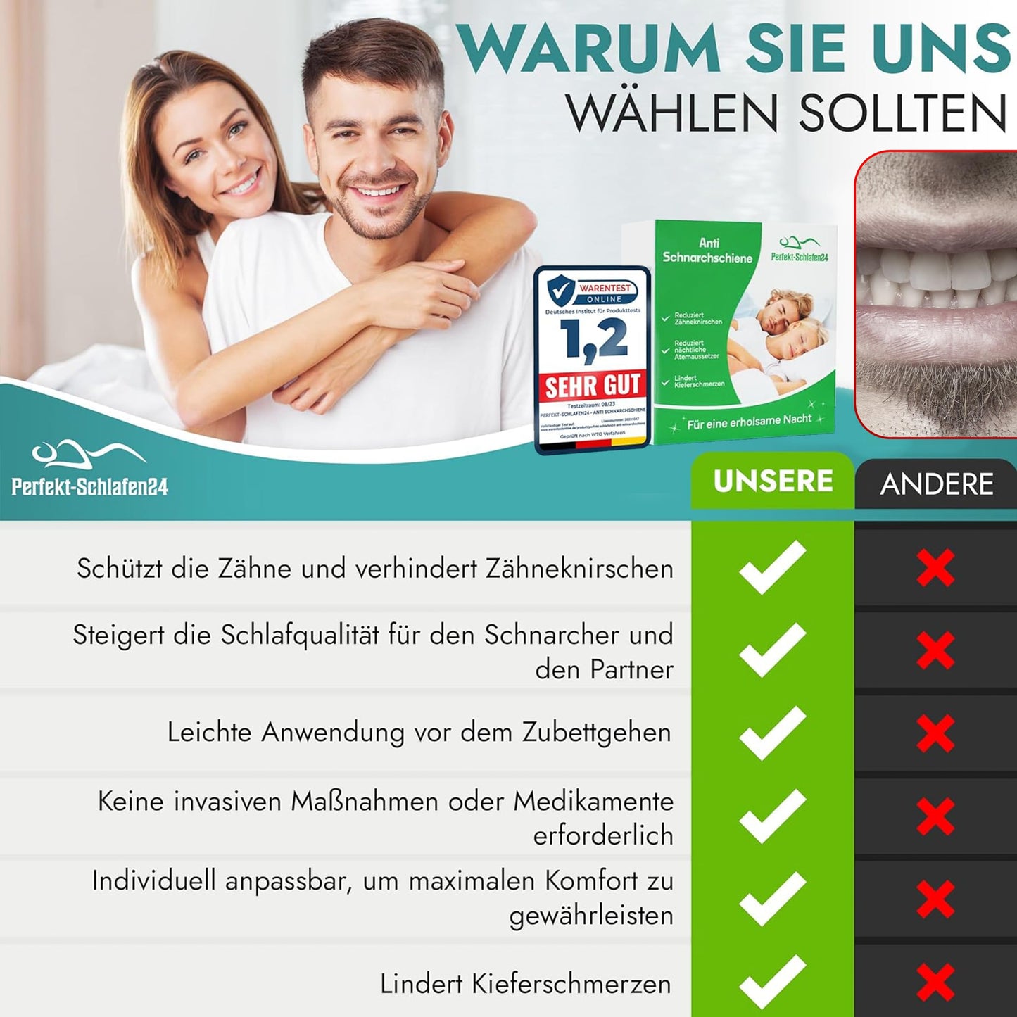 1 x Premium Aufbissschiene gegen Bruxismus - Schnarchschiene gegen Schnarchen - Schnarchstopper - Anti schnarch Knirscherschiene für Nacht - Schnarchfrei mit anti Schnarch Zahnschiene (Premium)