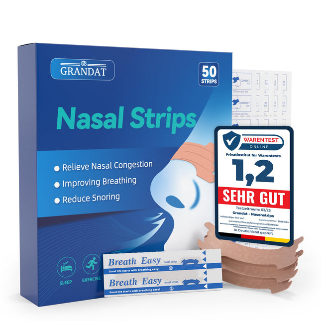 grandat® nasal strips for snoring (50 pack) premium nasal strips for extra hold for sports &amp; better sleep quality, better breathing with nasal congestion, nasal strips for snoring