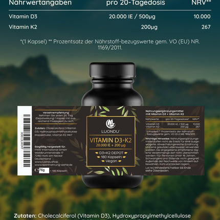 Luondu Vitamin D3 20,000 IU + Vitamin K2 MK7 200 mcg Depot (High Dose &amp; Vegan) high dosage | No additives, Made in Germany (180 Capsules)