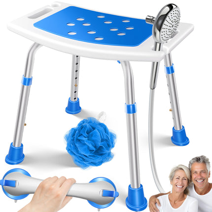 KESSER® Shower Stool, Height-Adjustable | Lightweight Bath Stool with Non-Slip Rubber Feet, Shower Chair, 136KG Load Capacity | Shower Aid for Seniors | Suction Cup Grab Handle, Bathtub Handle | Shower Seat with Shower Holder