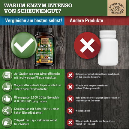 ENZYM INTENSO® Bromelain Capsules - IMPORTANT: Laboratory-tested formula with bromelain (5000 FIP), papain, rutin | pineapple &amp; papaya enzyme - 120 gastro-resistant capsules - SCHEUNENGUT®