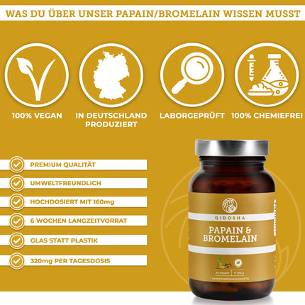 QIDOSHA® Papain Bromelain in enteric-coated capsules, 320 mg per capsule, 90 capsules in a pharmacist glass, highest enzyme activity of 6194 USP (Papain), Papain enzyme from papaya, Bromelain from pineapple