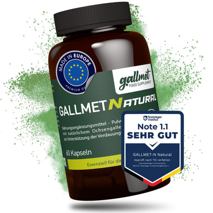 GALLMET Natural 60x Ox Bile 125mg Bile Salt naturally supports digestive problems, fat digestion, support after gallstones - Ox bile capsules 125 mg per capsule - Made in EU