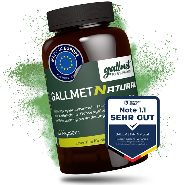 GALLMET Natural 60x Ox Bile 125mg Bile Salt naturally supports digestive problems, fat digestion, support after gallstones - Ox bile capsules 125 mg per capsule - Made in EU