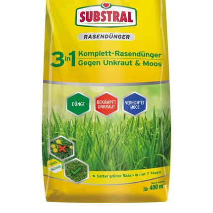 Substral 3-in-1 complete lawn fertilizer, 14 kg for 400 m² lawn area, with weed killer and moss killer