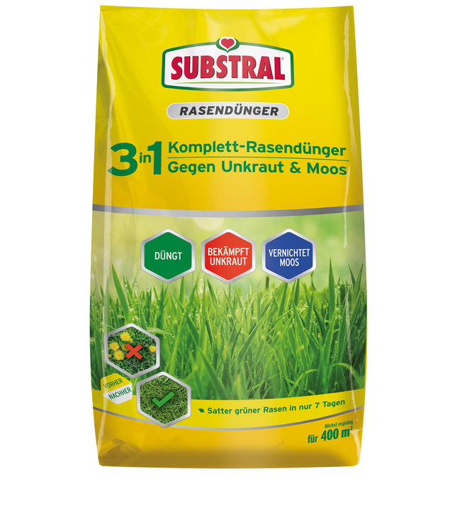 Substral 3-in-1 complete lawn fertilizer, 14 kg for 400 m² lawn area, with weed killer and moss killer