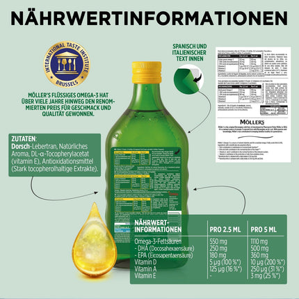 Möller's Omega 3 Cod Liver Oil | Nordic Omega 3 supplement with EPA, DHA, vitamins A, D, and E | Superior Taste Award | Highly pure natural | 165-year-old brand | Lemon | 500 ml