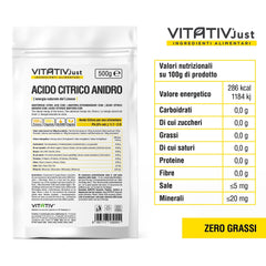 VITATIV - Citric acid, anhydrous, 100% pure – 500 g – Food grade – Preservative ideal for pastries and cooking – Acidifier in powder form for drinks and jams