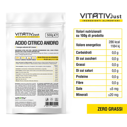 VITATIV - Citric acid, anhydrous, 100% pure – 500 g – Food grade – Preservative ideal for pastries and cooking – Acidifier in powder form for drinks and jams