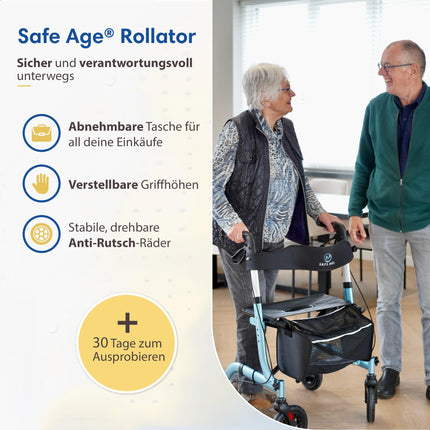 Safe Age Rollator foldable and lightweight with seat - walking aid for seniors, rollator for the home indoor &amp; outdoor - with backrest and walking stick holder