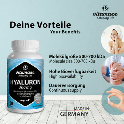 High-dose hyaluronic acid capsules, 300 mg per capsule, vegan, 3-month continuous supply, high bioavailability: low molecular weight 500-700 kDa, dietary supplement without additives, made in Germany