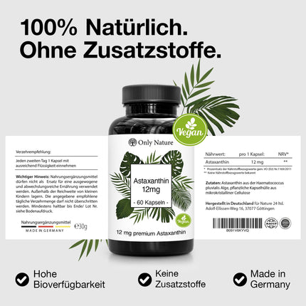 Only Nature® Astaxanthin 12 mg - 60 high-dose capsules - Made in Germany &amp; laboratory-tested - Natural &amp; without additives