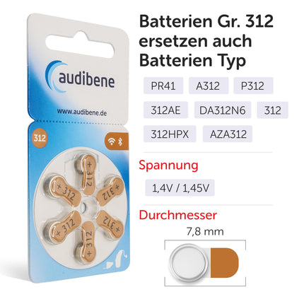 audibene hearing aid batteries type 312 brown, batteries for hearing aids, 60-pack, Made in Germany, including FREE cleaning cloth, Wireless Approved, mercury-free