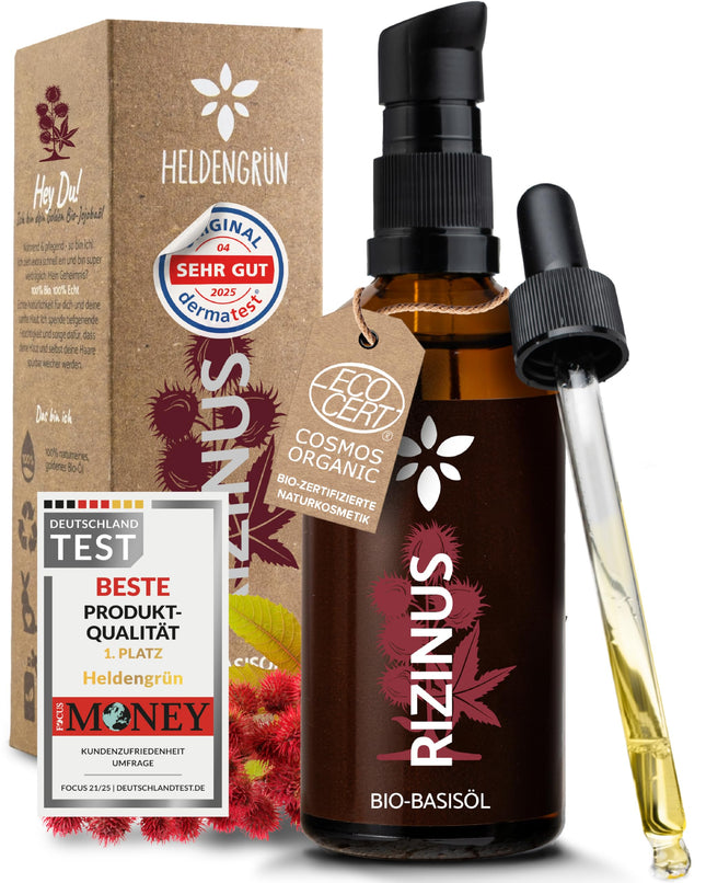 Heldengrün® ORGANIC Castor Oil Hair [100% NATURAL] - Castor Oil - Dermatologically tested - Cold-pressed castor oil - Booster for hair, eyelashes, eyebrows &amp; beard