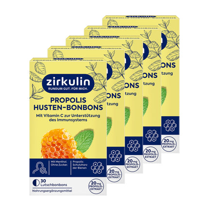 Zirkulin Propolis Throat &amp; Cough Lozenges (5 x 30 lozenges) – 20mg propolis per lozenge – with valuable vitamin C &amp; menthol – Honey Orange Flavor – Soothing lozenges – Sugar-free