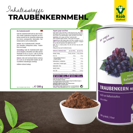 Raab Vitalfood® Organic Grape Seed Flour Powder (300 g) - rich in fiber (60% fiber content), vegan, gluten-free, premium organic quality