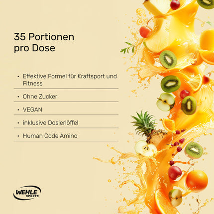 Wehle EAA Powder 500g, fine amino powder with 8 essential amino acids, Human Code Formula I Delicious taste &amp; top solubility - Vegan sugar, Amino Workout Drink (500g, Tropical Fruits)