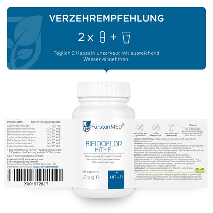 FürstenMED® Bifidoflor HIT + FI for histamine intolerance and fructose intolerance with Bifidobacterium and Lactobacillus strains - 60 gastro-resistant capsules - Laboratory-tested, vegan, and without additives