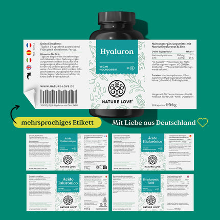 NATURE LOVE® Hyaluronic Acid Capsules with Zinc - High Dose with 500mg - for Skin, Hair &amp; Nails - 90 Hyaluronic Acid Capsules - Vegan, Laboratory Tested, No Additives &amp; Produced in Germany