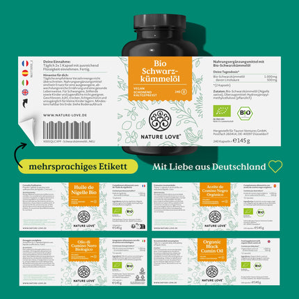 NATURE LOVE® Organic Black Cumin Oil - 240 vegan capsules - high dosage: 1000mg Egyptian per daily dose - of which 50% linoleic acid - cold-pressed, naturally produced and laboratory-tested