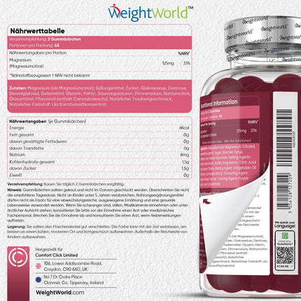 Magnesium Gummies 125mg - 90 Magnesium Citrate Gummies for Adults &amp; Children - For Fatigue, Nervous System &amp; Electrolytes (EFSA) - Grape Flavor - Alternative to Capsules &amp; Tablets - WeightWorld