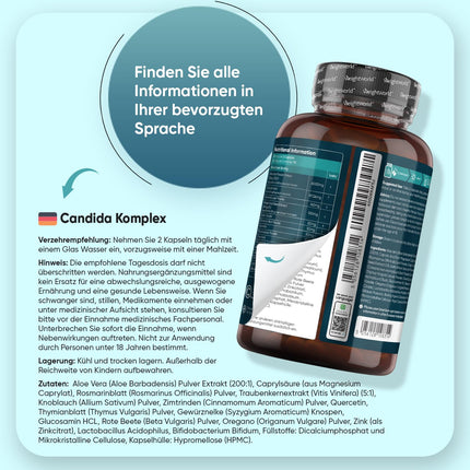 Candida Complex - 180 vegan capsules - Bifidobacteria - With caprylic acid, aloe vera, zinc, grape seed extract - Lactobacillus acidophilus - Laboratory-tested ingredients - 3-month supply - WeightWorld