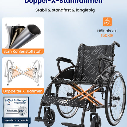 VOCIC U31 Lightweight Folding Wheelchair up to 150 kg, Double Brakes, Folding Transport Wheelchair (17.5 kg) with Self-Propelled Wheels for Seniors, 60 cm Puncture-Proof Rear Wheel for All Terrain, 5-Year Warranty | Grey