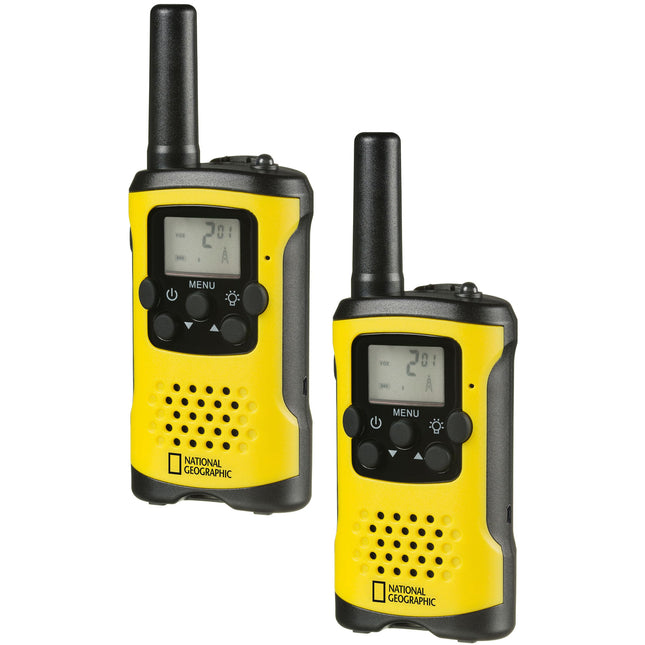 National Geographic Walkie-Talkie Set of 2, compact radios with a very long range of up to 6 km, hands-free function and integrated flashlight, black and yellow, 9111450