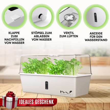 MUNROOMY Mini Greenhouse - Indoor Greenhouse with Self-Watering System - Propagator for Cuttings - Growing Kit for the Windowsill &amp; Indoor Herb Garden