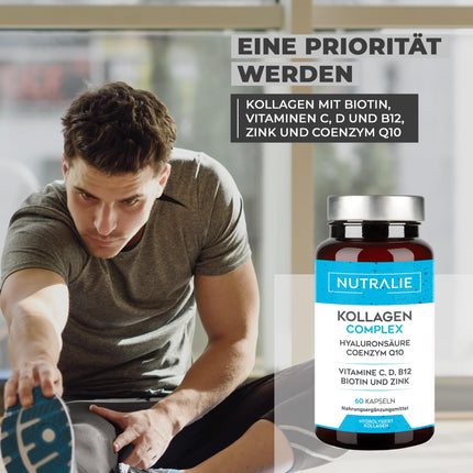 Collagen Capsules Complex + Q10 Hyaluron - High Dose - Joints Skin - Biotin Vit CD B12 Zinc - Collagen Hydrolysate in 60 Capsules - Nutralie