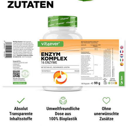 Digestive Enzymes - 180 Capsules with 16 Enzymes plus Betaine HCL, Rutin &amp; Gentian Root - With Bromelain, Papain, Amylase, Lipase, Protease, Lactase - Vegan - High Dosage