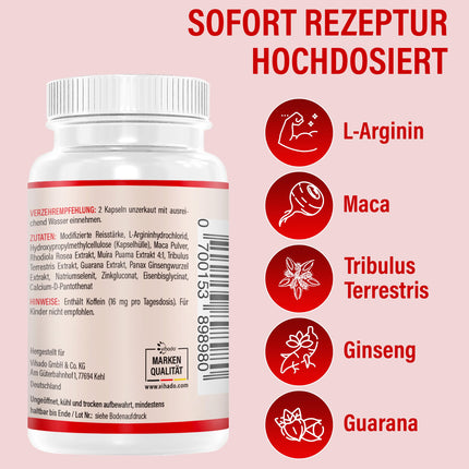 Vihado 4MEN direct 2.0 - Men's Capsules Extra Strength - IMMEDIATE high-dose formula - with L-Arginine, Maca, Tribulus Terrestris, Ginseng, 60 Capsules