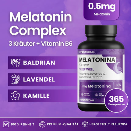 Melatonin Vitastrong Complex, 365 micro-tablets, high dose with chamomile, valerian, lavender and vitamin B6, melatonin tablets for sleep quality and jet lag, sugar-, gluten- and GMO-free