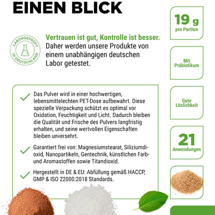 Combination of fiber - 400 g powder with psyllium husks, inulin (prebiotic), apple fiber, flaxseed - High in fiber - Vegan - With natural pineapple flavor - Premium quality