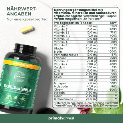 Primal Harvest® Multivitamin Tablets (30 servings) - High Dosage - Capsules with essential vitamins - Vitamins A, C, D, K and minerals such as biotin, zinc, folic acid - Vitamin tablets