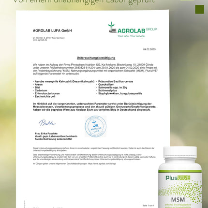 PlusVive MSM tablets high dose | 1 x 365 tablets | 1000mg MSM with 99.8% purity per tablet | MSM capsules with papain &amp; spirulina | Dietary supplement vegan &amp; laboratory-tested