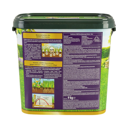 COMPO lawn fertilizer against weeds and moss - 9 kg for 300m² - 3 months long-term effect - COMPO lawn fertilizer against weeds + moss complete care