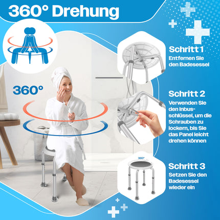 KESSER® Shower Stool, Height-Adjustable 8 Steps | Lightweight Bath Stool with Non-Slip Rubber Feet, 136KG Load Capacity | Shower Aid for Seniors | Suction Cup Grab Handle for Bathtub | Shower Seat with 360° Rotation