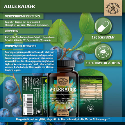 ADLERAUGE® Eye Vitamins High Dose - IMPORTANT: Laboratory-tested brand complex with lutein, zeaxanthin, blueberry extract, beta-carotene, vitamins A+B &amp; more | 120 pcs -DE- SCHEUNENGUT®