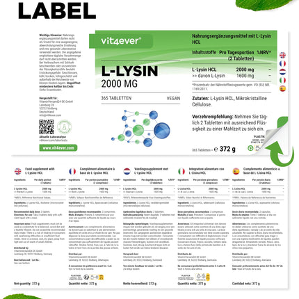L-Lysine - 365 Tablets - High Dose with 2000 mg L-Lysine HCL per day - From Plant Fermentation - No Additives - Vegan