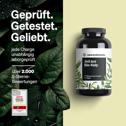 Iodine from organic kelp – 365 capsules – 150µg iodine from brown algae – organic quality for the thyroid – vegan, high dosage, without unnecessary additives – produced in Germany &amp; laboratory-tested