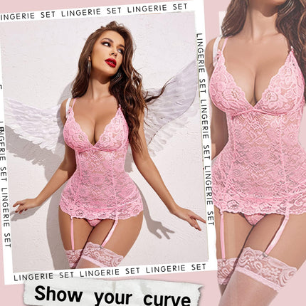 Avidlove Women's Lingerie Set Sexy Lace Body Lingerie Corset Babydoll Underwear Teddy Bodysuit V-Neck Lingerie Set With G-String and Garter Belt Pink S