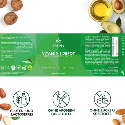 Vitabay Vitamin E 600 IU Depot High Dose - 200 Vitamin E Capsules Vegan &amp; Laboratory Tested with Tocopherol and Tocotrienol - Vit E contributes to the protection of cells from oxidative stress