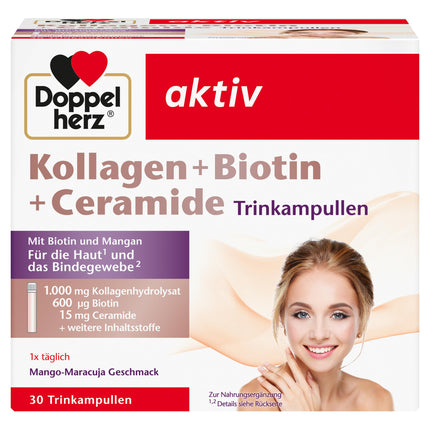 Doppelherz Collagen + Biotin + Ceramides - Biotin, Vitamin B2, Niacin, and Zinc support the maintenance of normal skin - 30 drinking ampoules with mango-passion fruit flavor