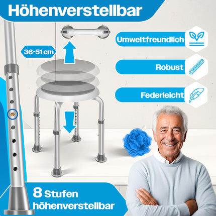 KESSER® Shower Stool, Height-Adjustable 8 Steps | Lightweight Bath Stool with Non-Slip Rubber Feet, 136KG Load Capacity | Shower Aid for Seniors | Suction Cup Grab Handle for Bathtub | Shower Seat with 360° Rotation