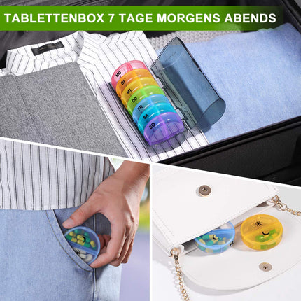 SUKUOS Pill Box 7 Days Morning Evening, Pill Box Round, 2 Compartments, Handy and Moisture-Resistant Medicine Box Medication Dispenser