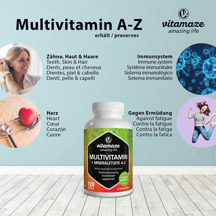 Multivitamin capsules with high dosage, 23 valuable vitamins AZ &amp; minerals, 120 vegetarian capsules for 4 months, vital substances &amp; trace elements optimally combined